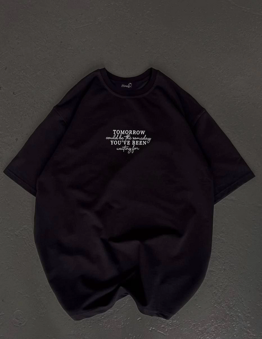 Bisiklet Yaka Baskılı Oversize T-Shirt - Siyah -