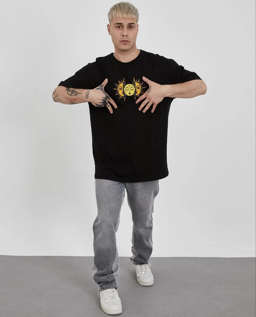 Bisiklet Yaka Baskılı Oversize T-Shirt - Siyah -