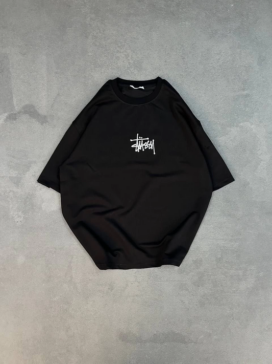 Bisiklet Yaka Baskılı Oversize T-Shirt - Siyah -