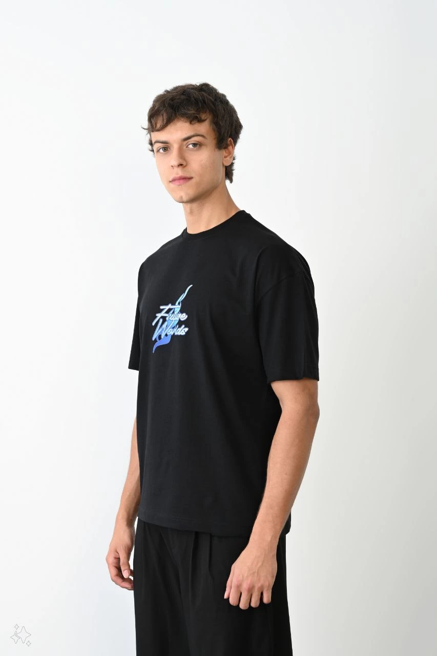 Bisiklet Yaka Baskılı Oversize T-Shirt - Siyah -
