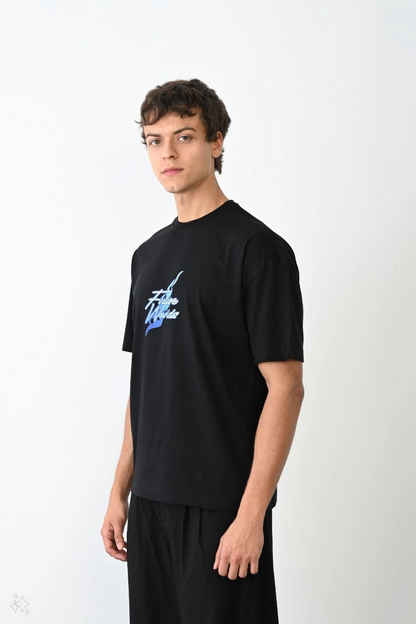 Bisiklet Yaka Baskılı Oversize T-Shirt - Siyah -