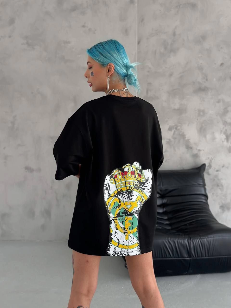 Bisiklet Yaka Baskılı Oversize T-Shirt - Siyah