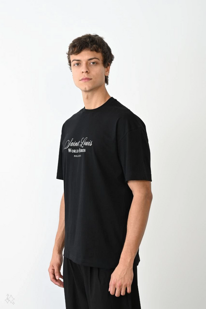 Bisiklet Yaka Baskılı Oversize T-Shirt - Siyah -