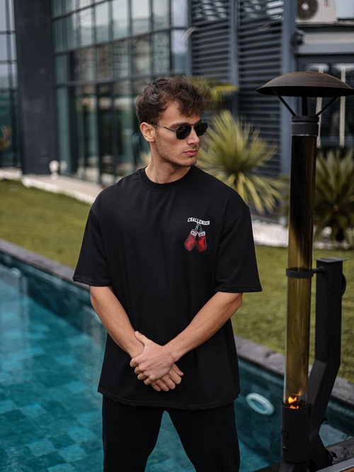 Bisiklet Yaka Baskılı Oversize T-Shirt - Siyah -