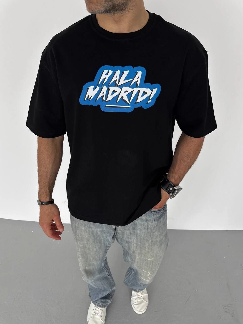 Bisiklet Yaka Baskılı Oversize T-Shirt - Siyah -