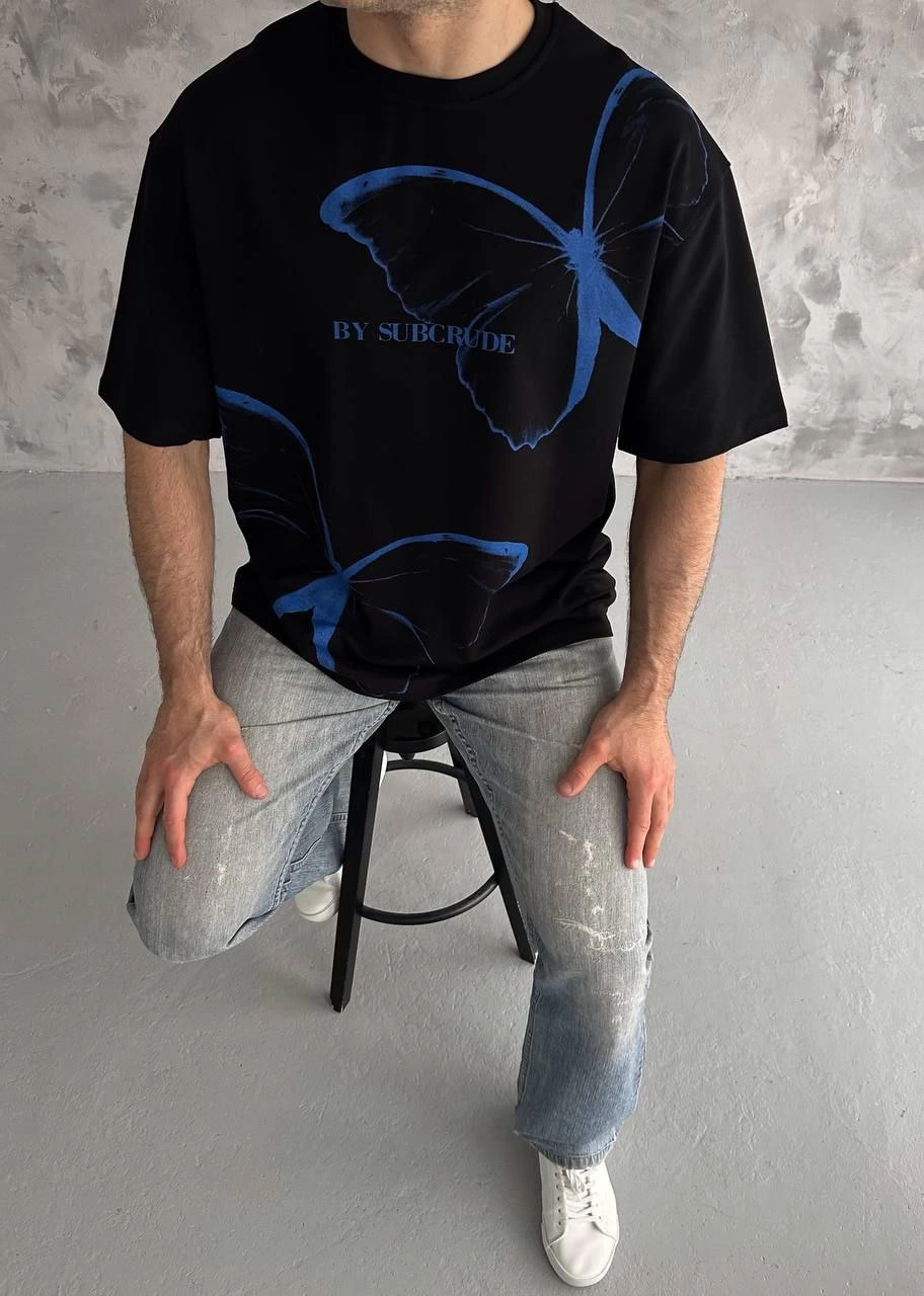 Bisiklet Yaka Baskılı Oversize T-Shirt - Siyah
