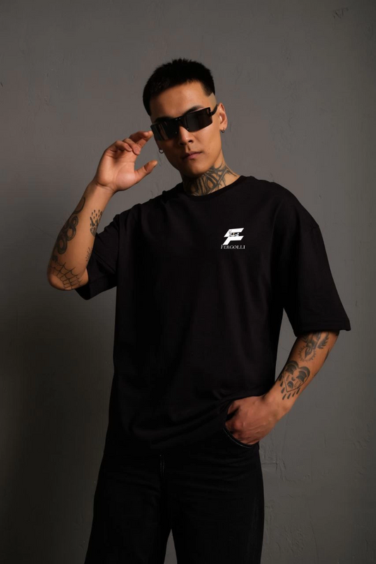 Bisiklet Yaka Baskılı Oversize T-Shirt - Siyah -