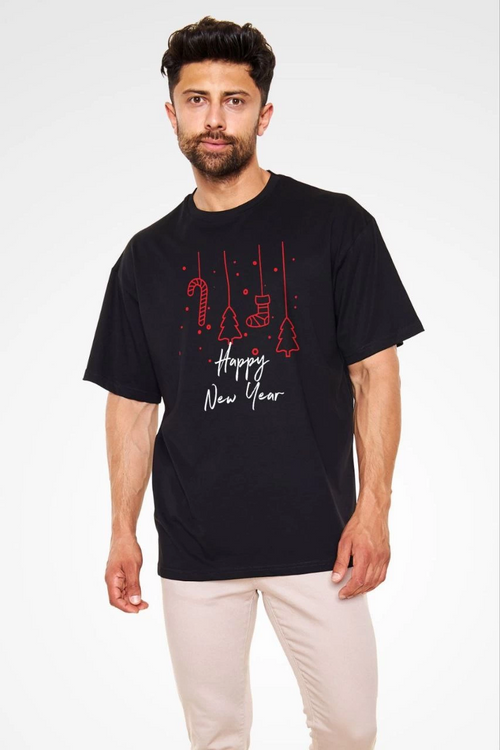 Bisiklet Yaka Baskılı Oversize T-Shirt - Siyah