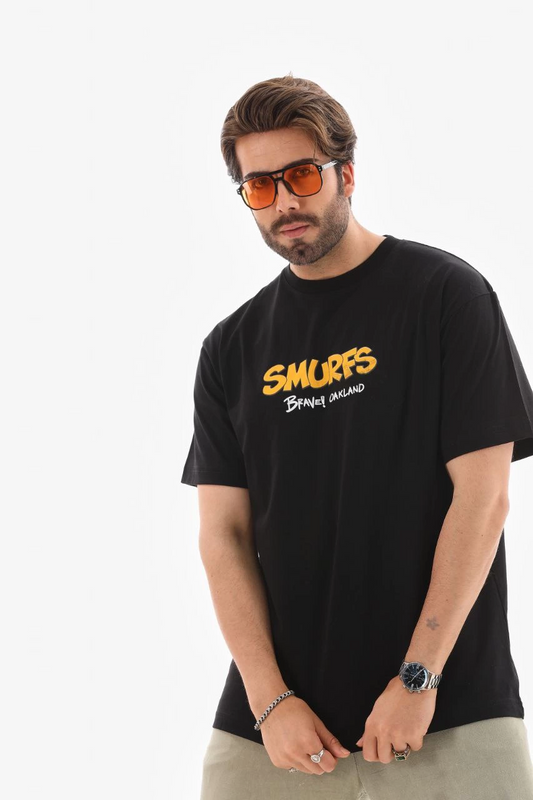Bisiklet Yaka Baskılı Oversize T-Shirt - Siyah -