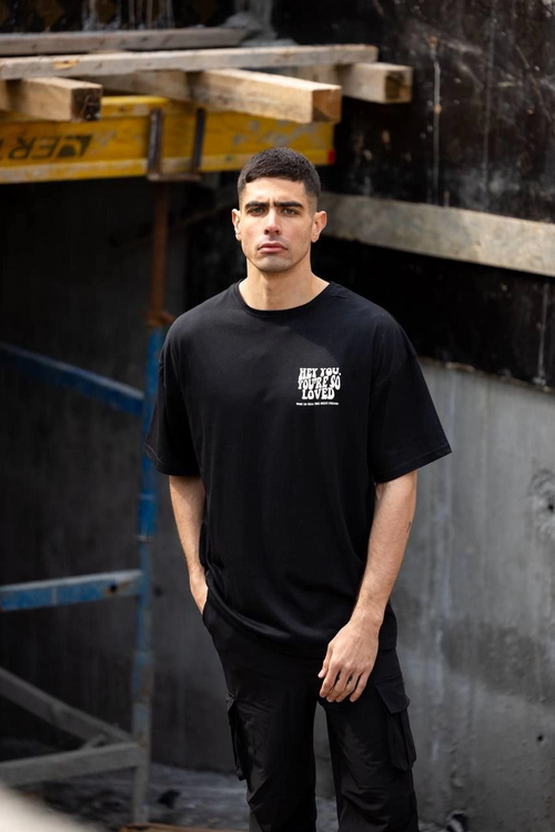 Bisiklet Yaka Baskılı Oversize T-Shirt - Siyah -