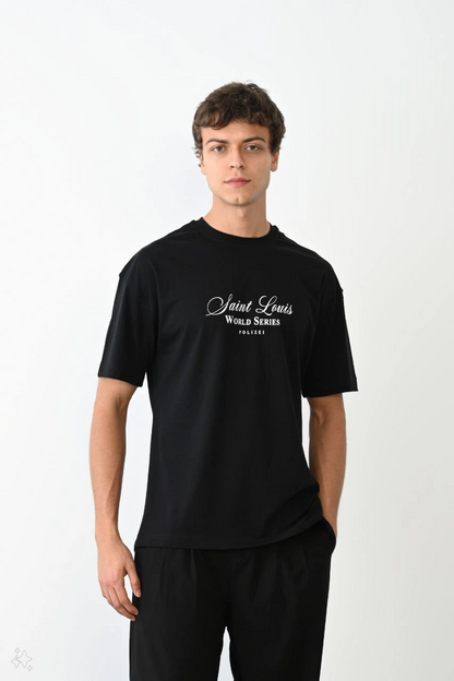 Bisiklet Yaka Baskılı Oversize T-Shirt - Siyah -