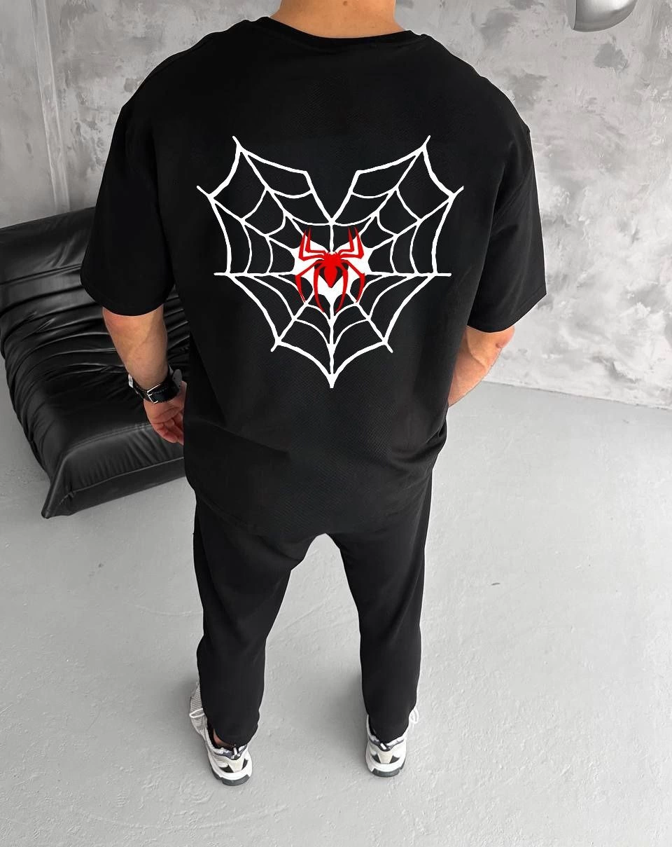 Bisiklet Yaka Baskılı Oversize T-Shirt - Siyah -