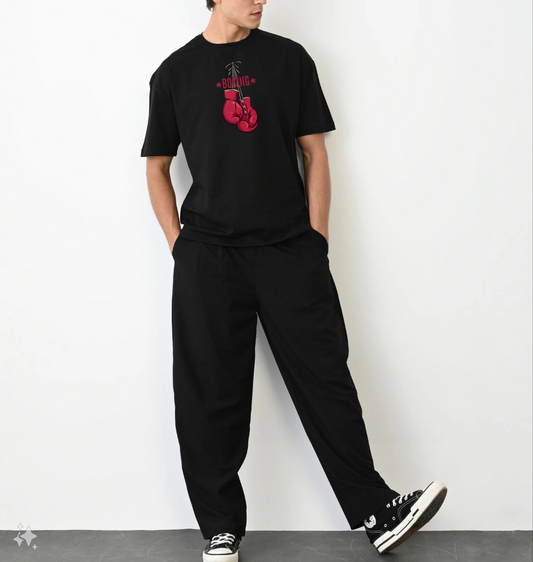 Bisiklet Yaka Baskılı Oversize T-Shirt - Siyah -
