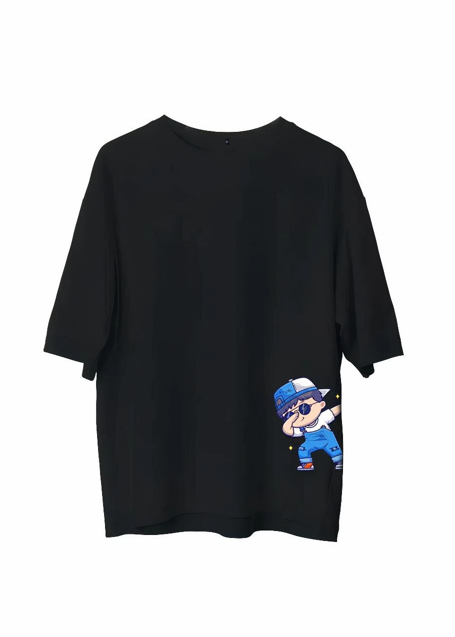 Bisiklet Yaka Baskılı Oversize T-Shirt - Siyah -