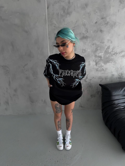 Bisiklet Yaka Baskılı Oversize T-Shirt - Siyah
