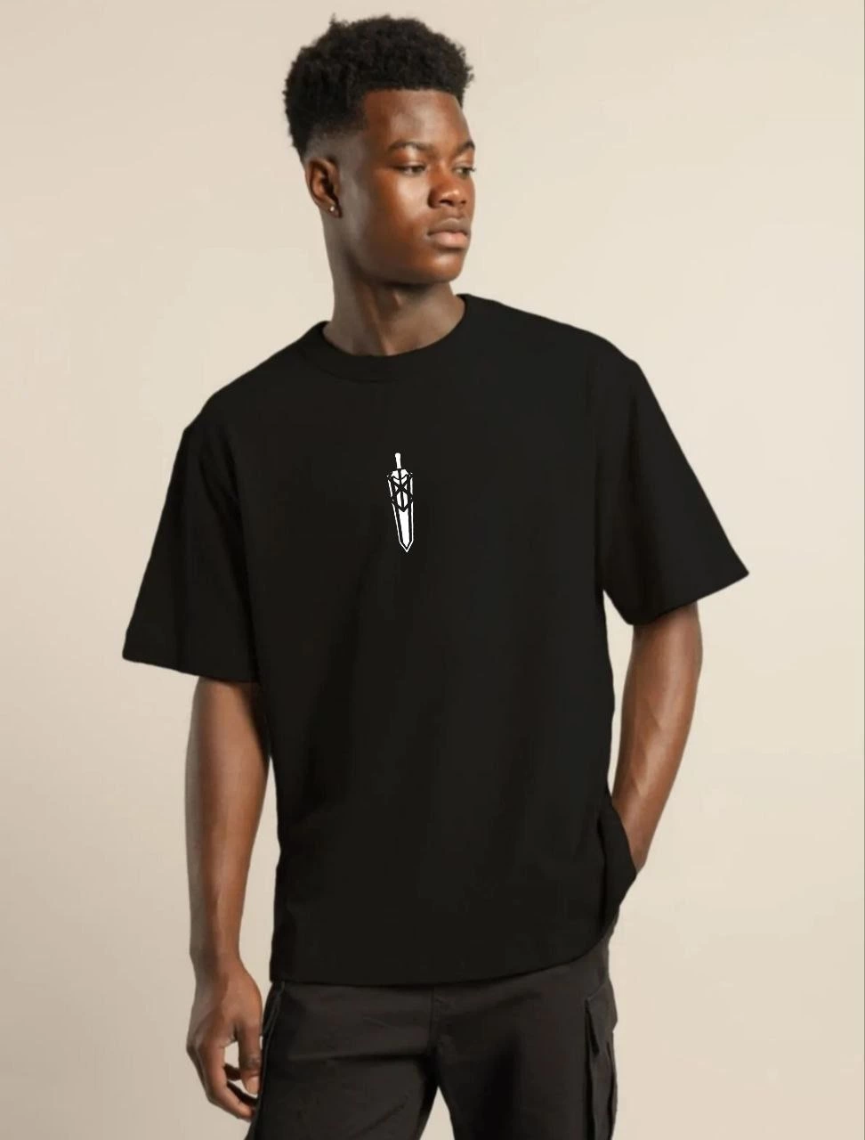 Bisiklet Yaka Baskılı Oversize T-Shirt - Siyah -