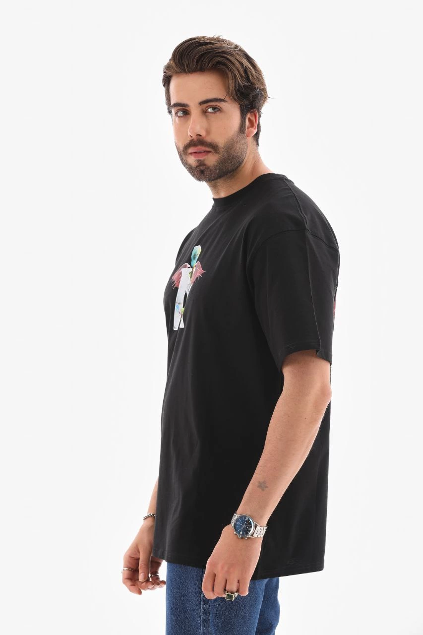 Bisiklet Yaka Baskılı Oversize T-Shirt - Siyah -