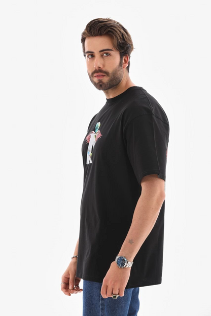 Bisiklet Yaka Baskılı Oversize T-Shirt - Siyah -