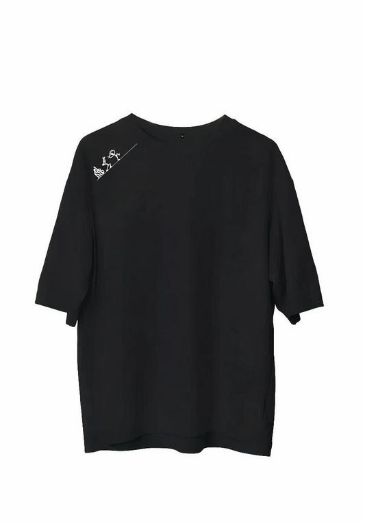 Bisiklet Yaka Baskılı Oversize T-Shirt - Siyah -