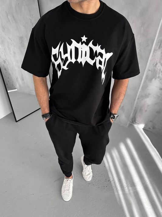 Bisiklet Yaka Baskılı Oversize T-Shirt - Siyah -