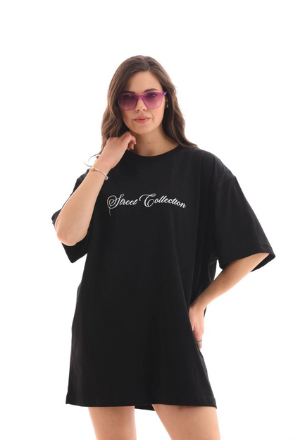 Bisiklet Yaka Baskılı Oversize T-Shirt - Siyah