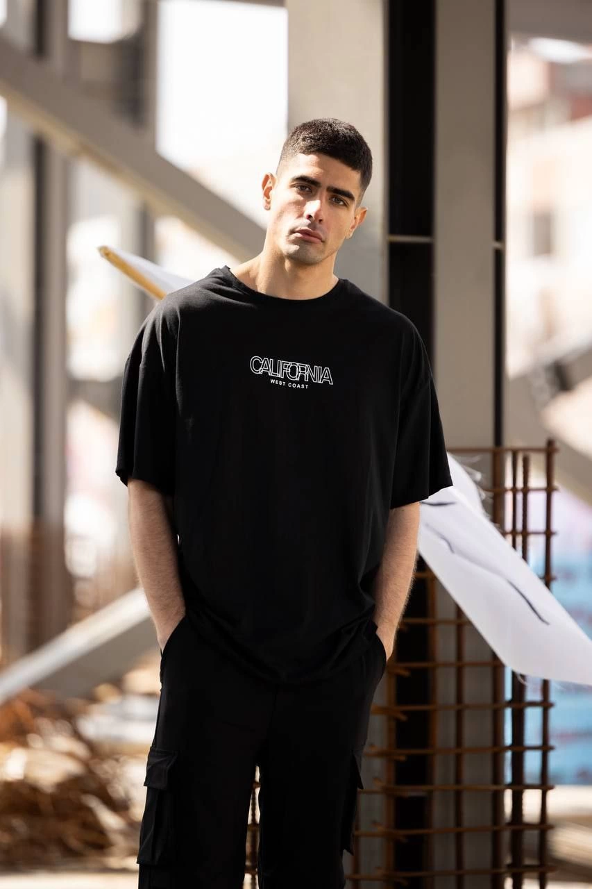 Bisiklet Yaka Baskılı Oversize T-Shirt - Siyah -