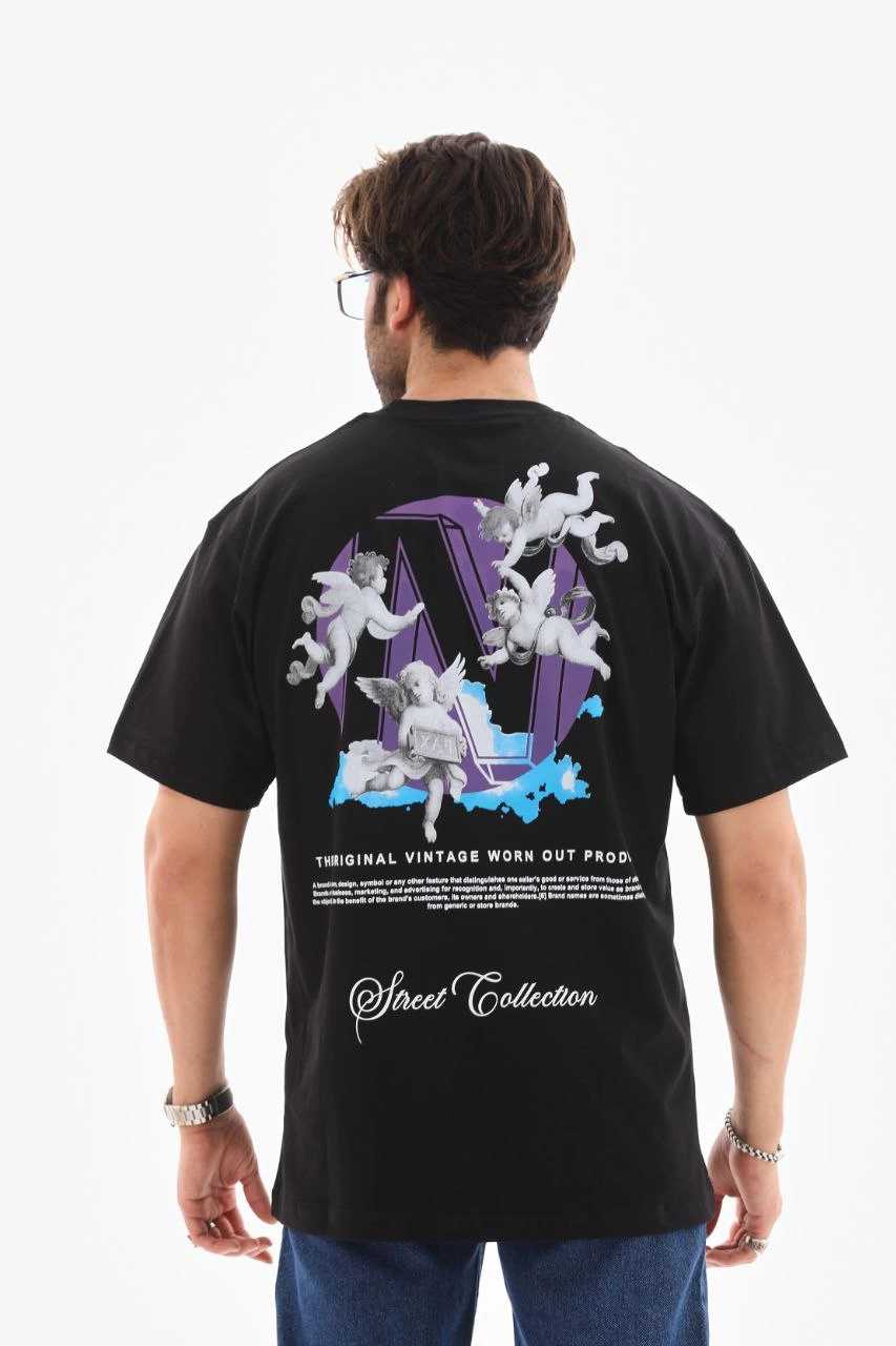 Bisiklet Yaka Baskılı Oversize T-Shirt - Siyah