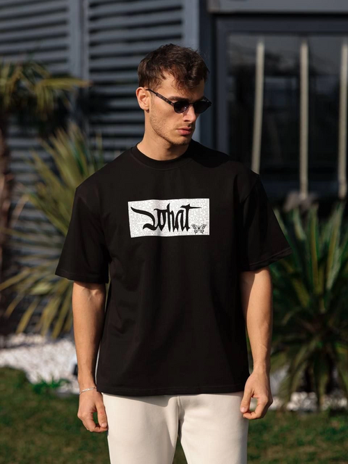 Bisiklet Yaka Baskılı Oversize T-Shirt - Siyah -