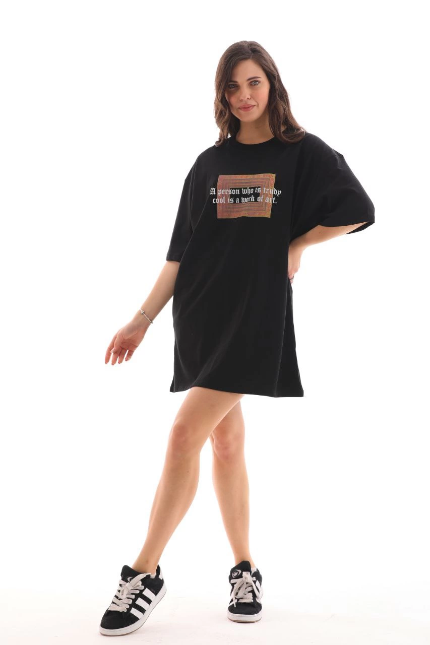 Bisiklet Yaka Baskılı Oversize T-Shirt - Siyah -