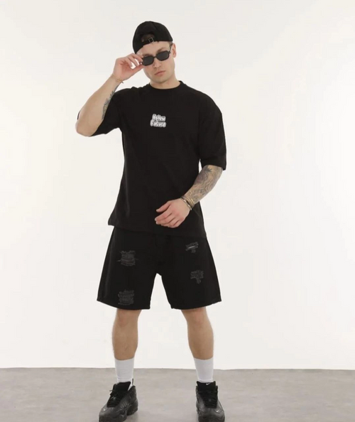 Bisiklet Yaka Baskılı Oversize T-Shirt - Siyah