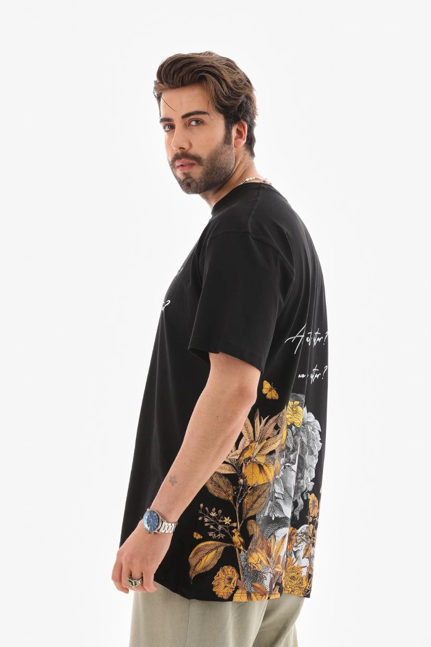 Bisiklet Yaka Baskılı Oversize T-Shirt - Siyah