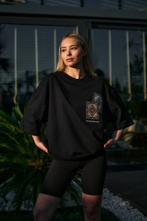 Bisiklet Yaka Baskılı Oversize T-Shirt - Siyah -