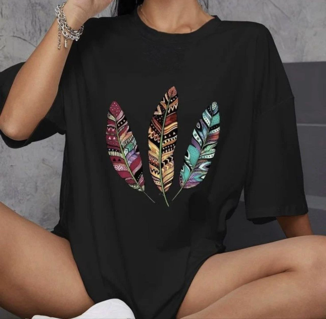 Bisiklet Yaka Baskılı Oversize T-Shirt - Siyah -