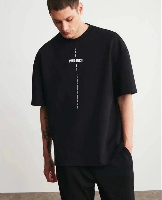 Bisiklet Yaka Baskılı Oversize T-Shirt - Siyah -