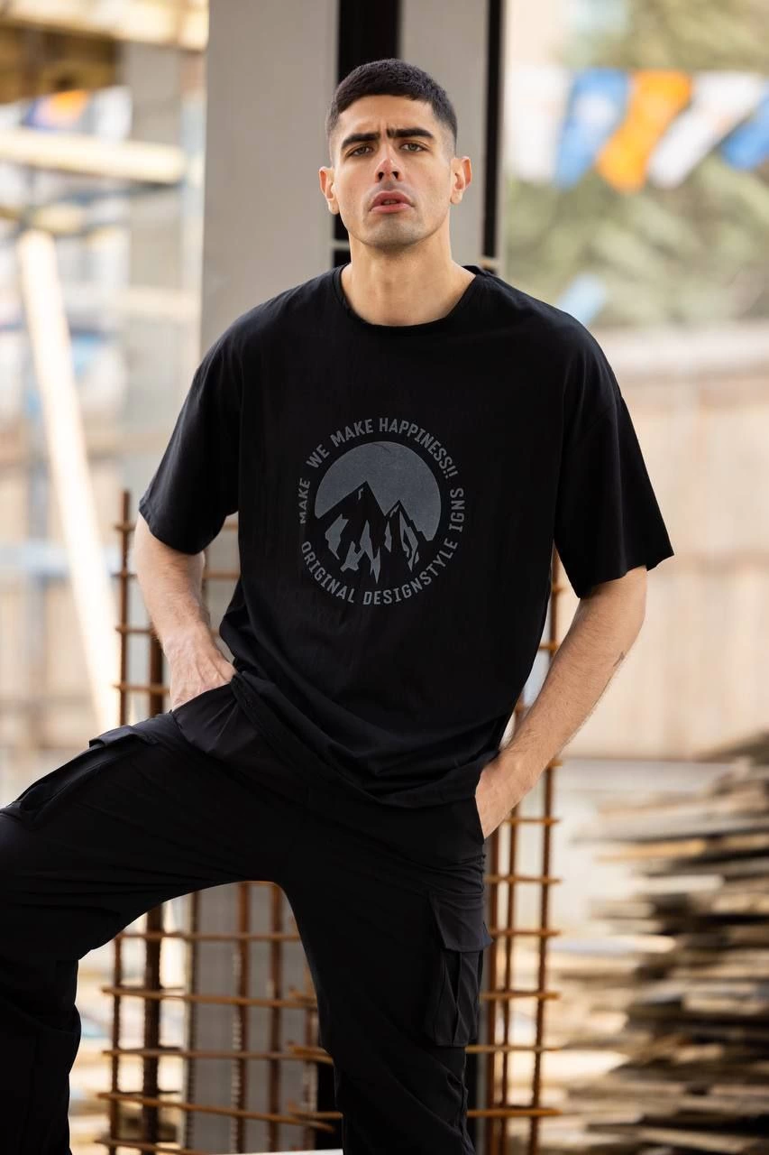 Bisiklet Yaka Baskılı Oversize T-Shirt - Siyah -