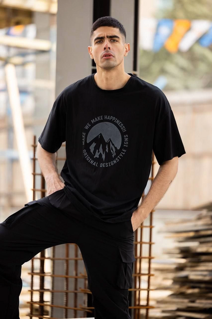Bisiklet Yaka Baskılı Oversize T-Shirt - Siyah -