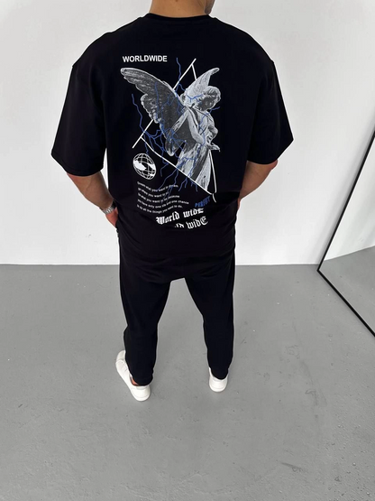 Bisiklet Yaka Baskılı Oversize T-Shirt - Siyah -