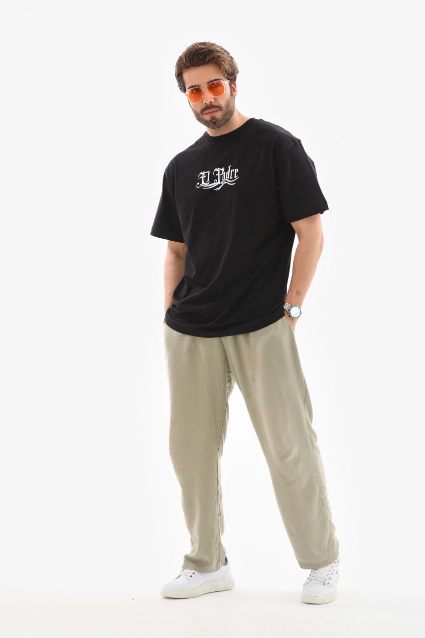 Bisiklet Yaka Baskılı Oversize T-Shirt - Siyah -