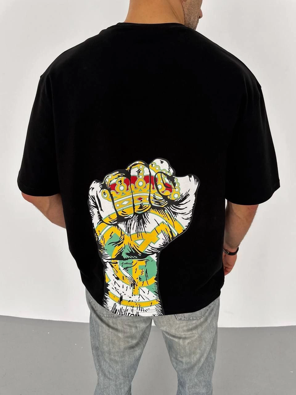 Bisiklet Yaka Baskılı Oversize T-Shirt - Siyah -