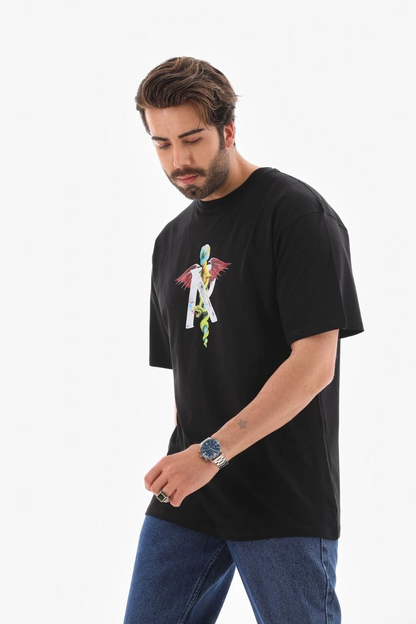Bisiklet Yaka Baskılı Oversize T-Shirt - Siyah -