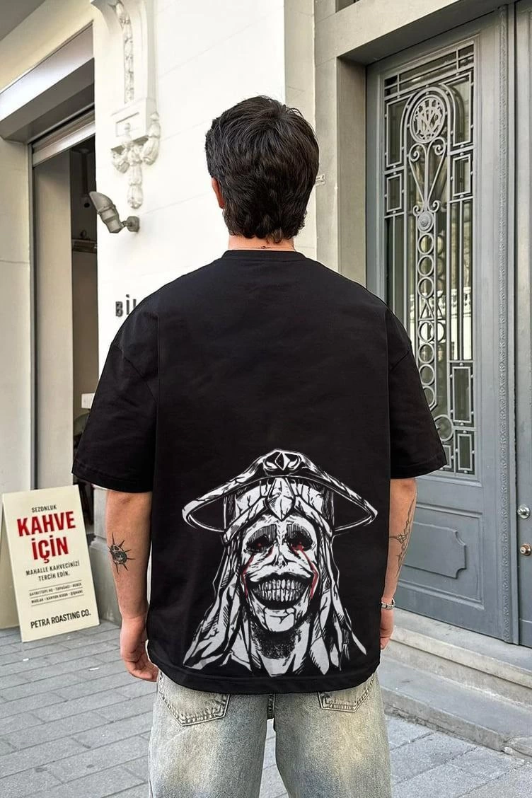 Bisiklet Yaka Baskılı Oversize T-Shirt - Siyah -