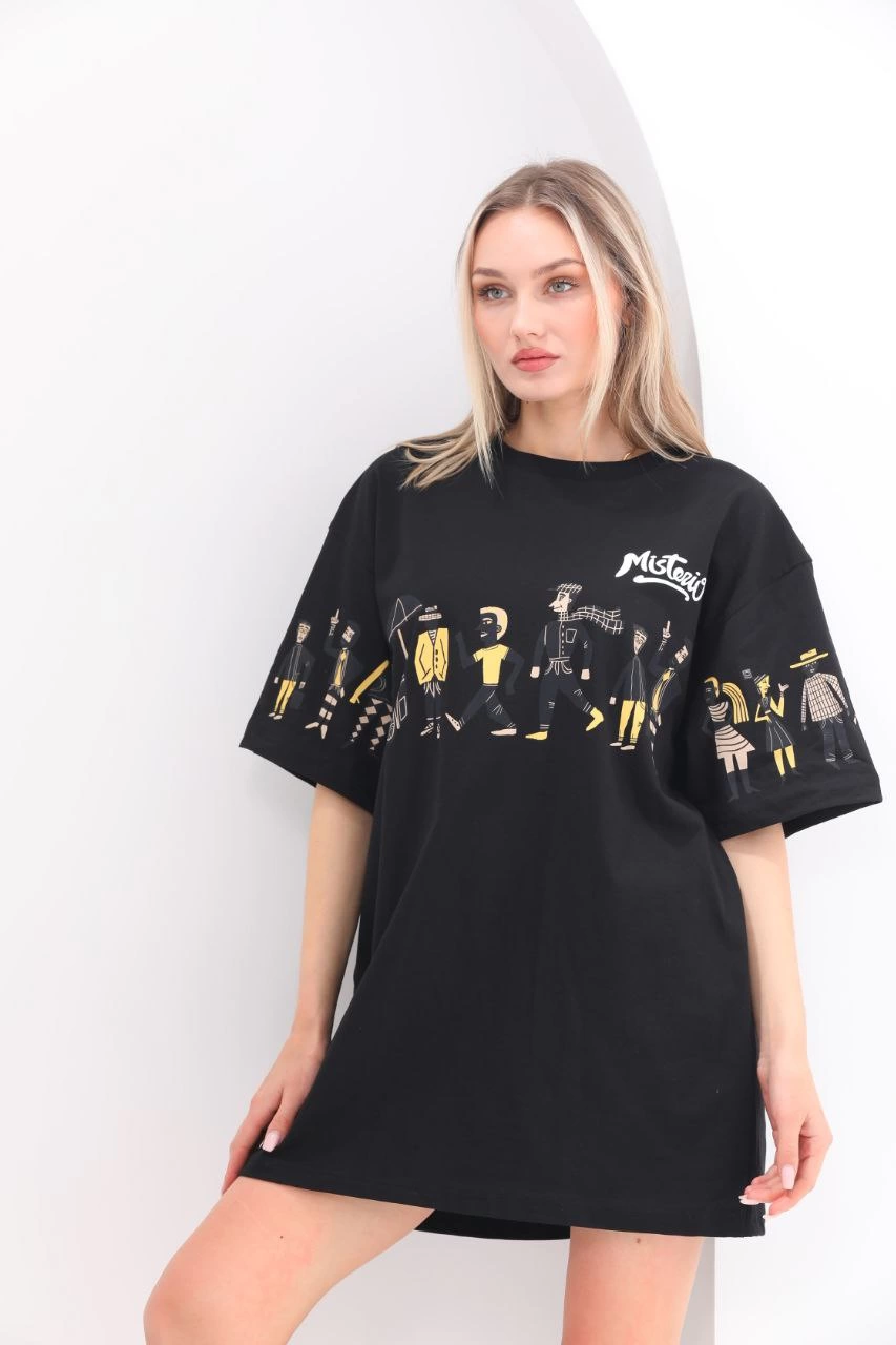 Bisiklet Yaka Baskılı Oversize T-Shirt - Siyah -