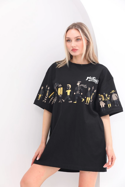 Bisiklet Yaka Baskılı Oversize T-Shirt - Siyah -