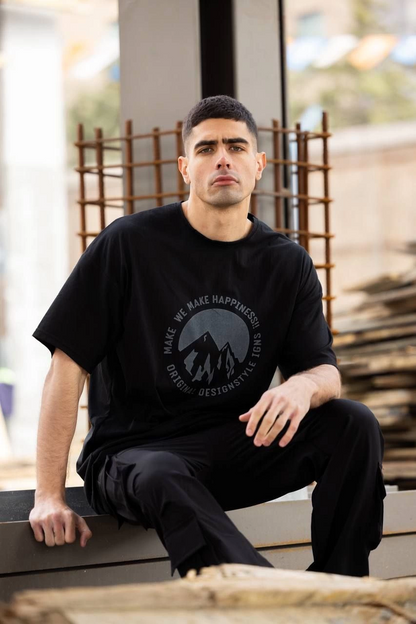 Bisiklet Yaka Baskılı Oversize T-Shirt - Siyah -