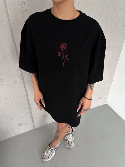 Bisiklet Yaka Baskılı Oversize T-Shirt - Siyah -