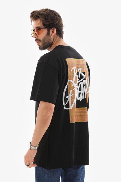 Bisiklet Yaka Baskılı Oversize T-Shirt - Siyah -