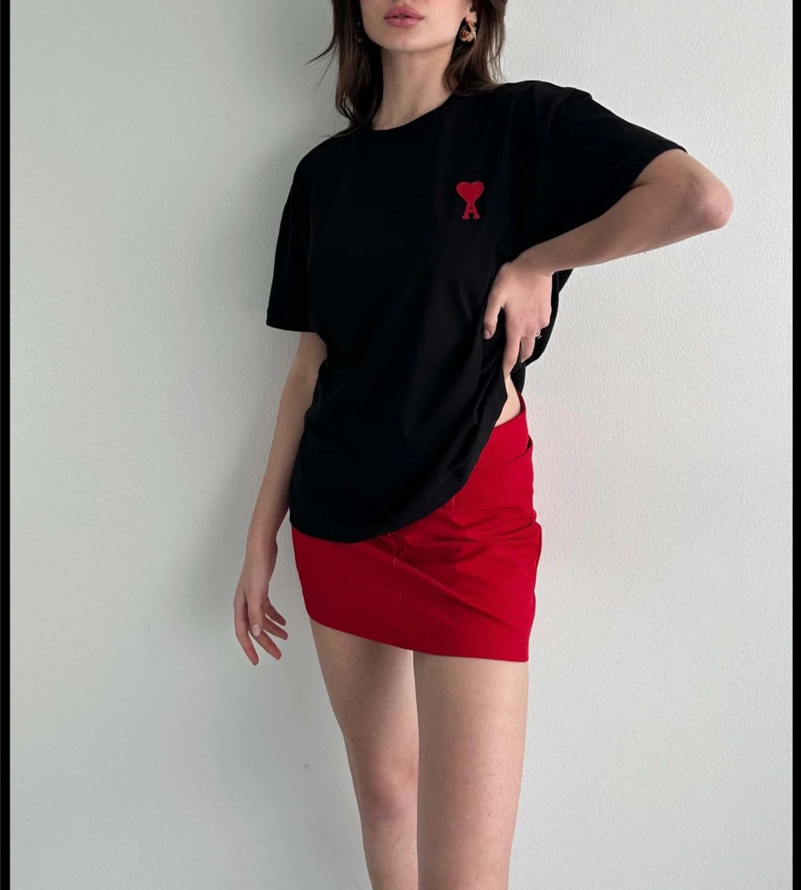 Bisiklet Yaka Baskılı Oversize T-Shirt - Siyah -