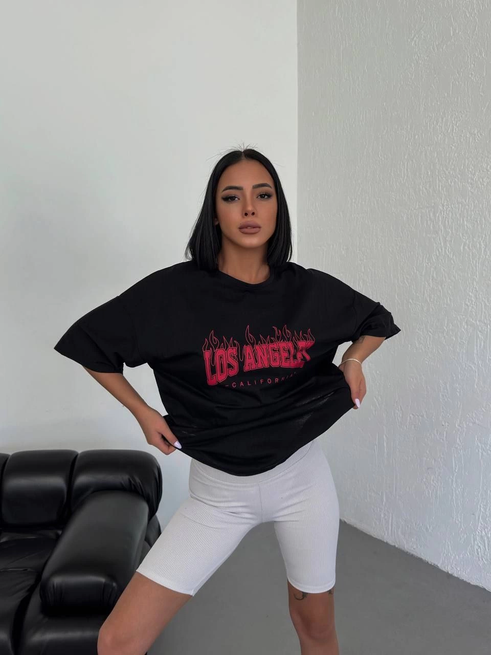 Bisiklet Yaka Baskılı Oversize T-Shirt - Siyah -