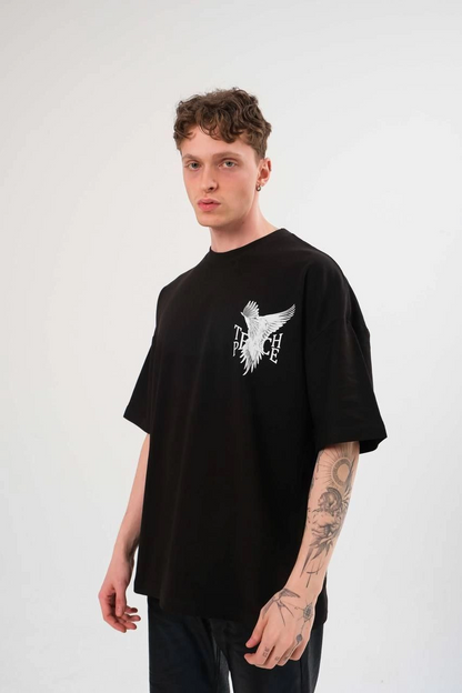 Bisiklet Yaka Baskılı Oversize T-Shirt - Siyah -