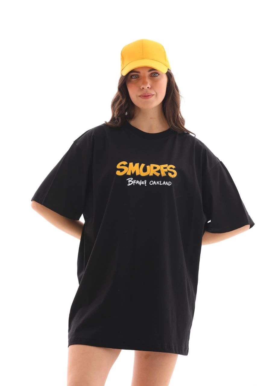 Bisiklet Yaka Baskılı Oversize T-Shirt - Siyah -
